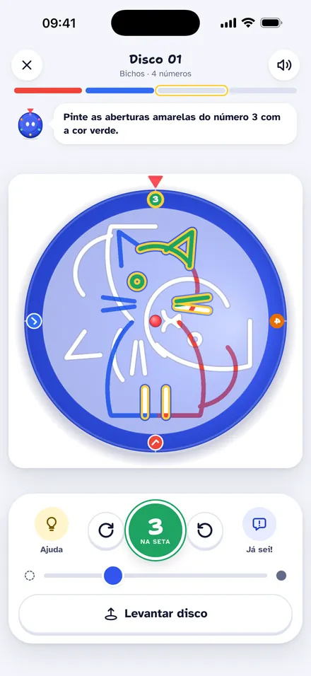 A tela do disco no app, com o número 3 na seta e as aberturas amarelas para pintar