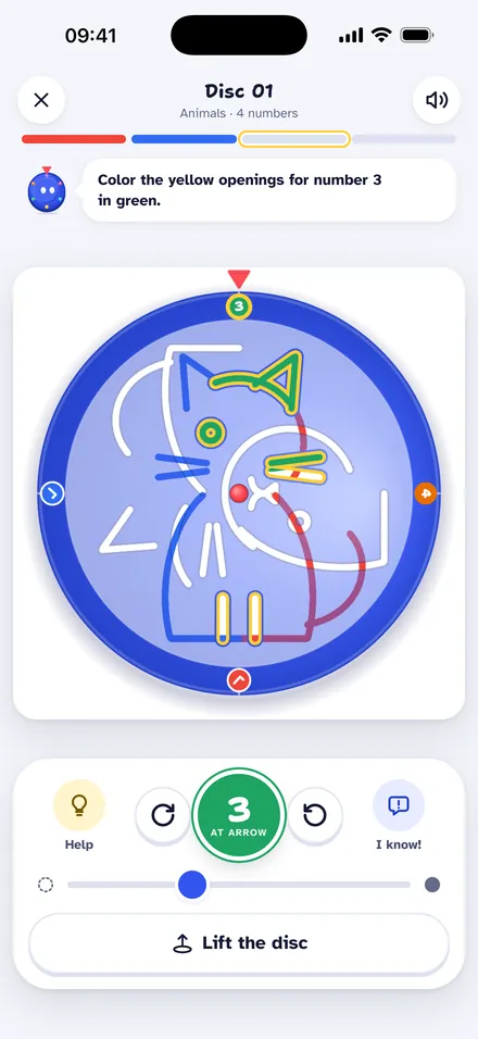 La pantalla del disco en la app, con el número 3 en la flecha y las aberturas amarillas para pintar