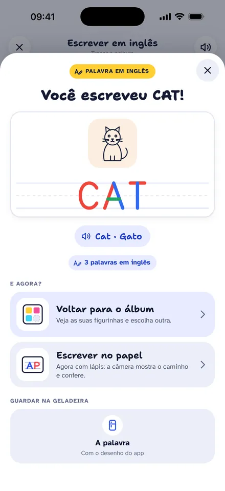 A tela "Você escreveu CAT!", com o gato e a palavra em inglês